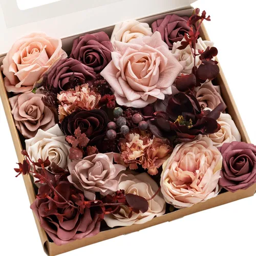 Vista 12 de Ling's moment Combo de flores artificiales de boda, caja de vegetación falsa para ramos de bricolaje, centros de mesa, decoración de espuma de rosa