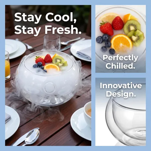 Vista 5 de Kichvoe Cuenco de hielo seco de cocina de 5.9 pulgadas, cuenco de vidrio para inmersión en frío, recipiente para servir frutas, postres y fiestas