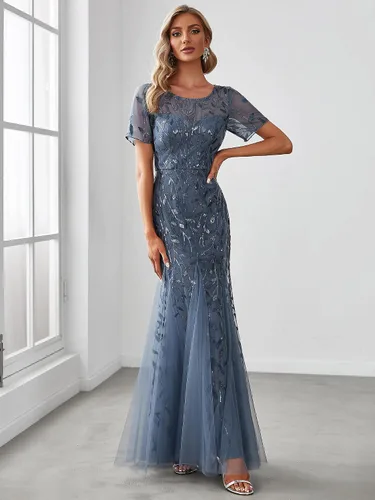 Vista 4 de Ever-Pretty - Vestido de noche elegante de sirena con bordado de lentejuelas, manga corta, escote ilusión para mujer, 07707-USA