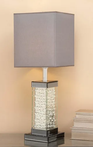 Vista 2 de Ebros Gift Moderna y elegante lámpara de mesa rectangular con cristales flotantes biselados de cristal y metal, con pantalla de tela gris, acento