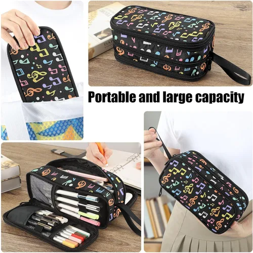 Vista 6 de Fustylead Estuche para lápices de gran capacidad para notas musicales, bolsa de maquillaje multiusos, bolsa de almacenamiento para oficina