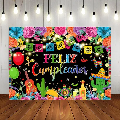 Vista 5 de Telón de fondo de Feliz Cumpleaños de 7 x 5 pies, fiesta mexicana, decoración de fiesta de feliz cumpleaños, cartel de fiesta de cumpleaños
