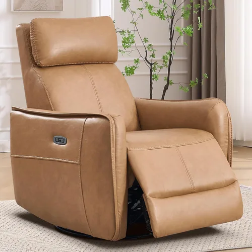 Vista 12 de CANMOV - Silla reclinable de piel sintética, silla reclinable giratoria de 360°, reclinable manual para espacios pequeños, sala de estar Marrón