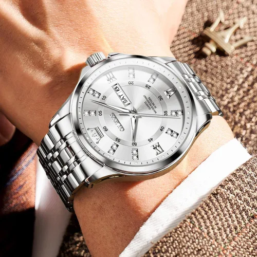 Vista 22 de OLEVS - Relojes de diamantes para hombres, relojes de vestir a prueba de agua, relojes analógicos de cuarzo de lujo con calendario de fecha y correa