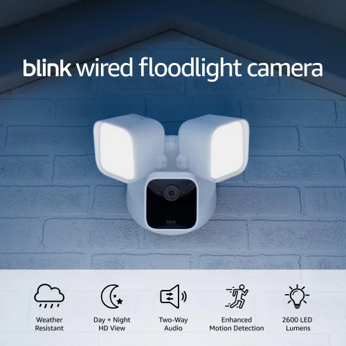 Vista 5 de Cámara Blink Wired Floodlight – Cámara de seguridad inteligente, 2600 lúmenes, vista en vivo HD, sirena incorporada, compatible con Alexa, 1 cámara
