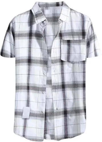 Vista 14 de Camisas de manga corta con botones para hombre, de algodón, a cuadros, ajuste regular, camisas casuales con botones y bolsillo