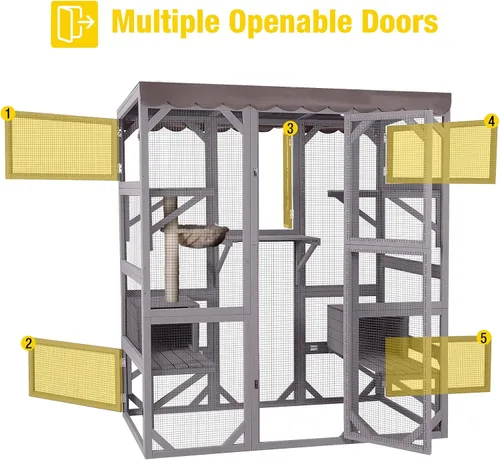 Vista 2 de Gran recinto de madera Catio para gatos al aire libre, condominio para gatos con 7 plataformas de escalada, 2 casas de siestas, panel de ventana