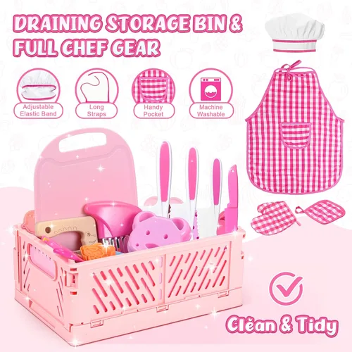 Vista 5 de Juego de Cuchillos para Niños para Cocina Real: Juego de Cocina para Niños de 48 Piezas, Juegos de Cocina para Niños Reales con Delantal y Canasta