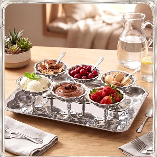 Vista 6 de Juego de 6 tazas de helado con cucharas y bandeja para servir, 15.8 x 11.6