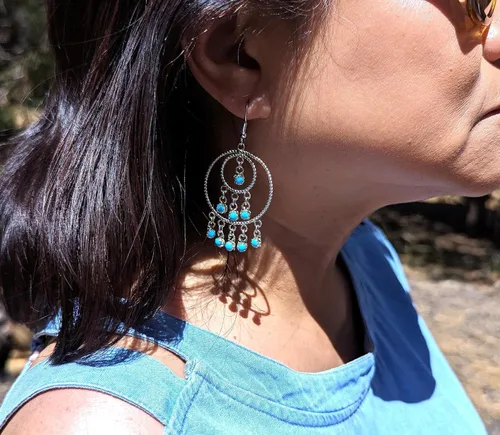 Vista 6 de Native American Sleeping Beauty Turquoise Wire Tiered Loop Dangle Earrings Navajo Handmade Jewelry Southwest