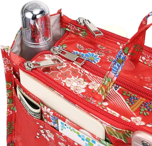 Vista 5 de BTSKY Organizador de bolsas de impresión dentro del bolso, organizador de bolsa de alta capacidad con 13 bolsillos con asa (flor festiva)