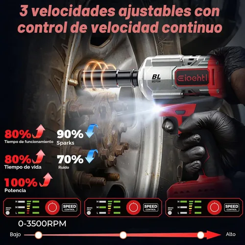 Vista 2 de Llave de impacto inalámbrica, 1200 Nm (900 pies-libras) Pistola de impacto sin escobillas de 1/2 pulgada, baterías de 2 x 4.0 AH motor de impacto