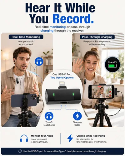 Vista 5 de Micrófono inalámbrico para iPhone/Android tipo C J68YL0813J 2 Clip-On Mics with Noise Reduction, 34h Using Time with Charging Case, 48kHz Audio