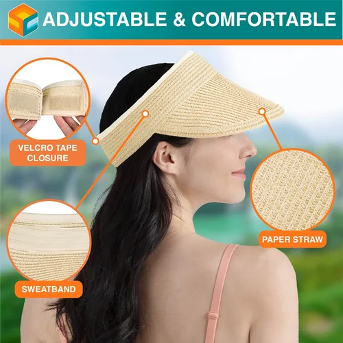 Vista 4 de SUN CUBE Sombrero de visera para mujer, sombrero de playa de ala ancha, paja con protección UV, gorra plegable plegable, visera de verano para cola