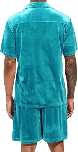 Vista 3 de LecGee Conjuntos de Pantalones Cortos Casuales de Verano para Hombres Camisa de Terciopelo de Manga Corta con Botones Pantalones Cortos de Cintura