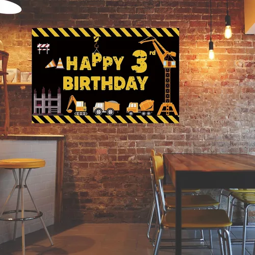 Vista 5 de Joyiou Cartel de fondo de decoración de feliz tercer cumpleaños con tema de construcción para niños y niños, tres años de edad, camión volquete