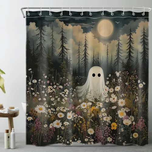 Vista 12 de LB Cortina de ducha espeluznante de Halloween, lindo fantasma en flores, árbol negro, luna llena, cortinas de ducha para baño, tela de poliéster