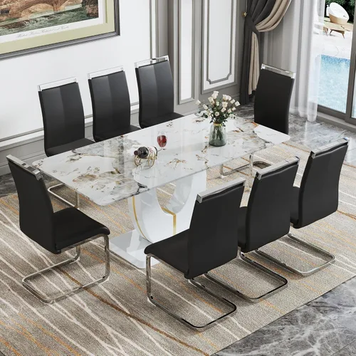 Vista 83 de JUFU Juego de mesa de comedor moderno para 4, juego de mesa de cocina rectangular de 63 pulgadas con mesa de mármol sintético y 4 sillas tapizadas