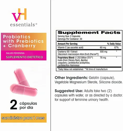 Vista 5 de vH essentials Probióticos para mujeres con prebióticos, 120 cápsulas (paquete de 2)