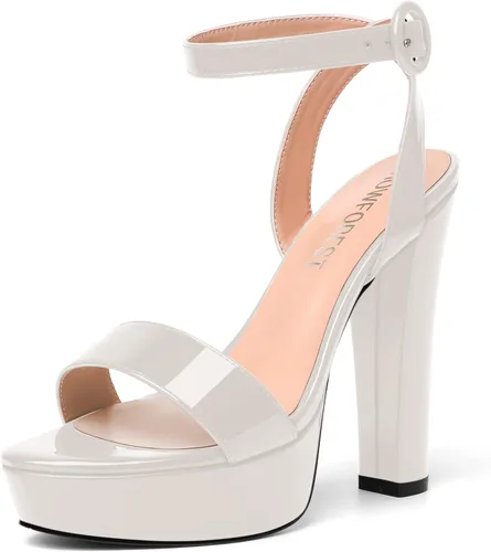 Vista 22 de SHOWFOREST Sandalias de tacón alto para mujer, con hebilla de plataforma y hebilla de charol y correa de tobillo de bloque sólido, 5 pulgadas Beige