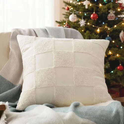 Vista 18 de Fundas de almohada de doble puntada 100 % algodón, fundas de almohada decorativas bohemias a cuadros con mechones de 20 x 20 pulgadas, hechas