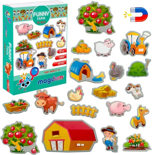 Vista 16 de Imanes de nevera para niños pequeños – magdum – Juego de 85 juegos zoológico + granja + fruta + verdura – Animales magnéticos reales