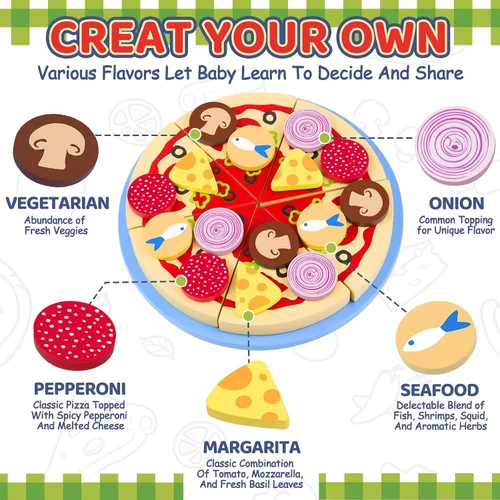 Vista 6 de Conjunto de Comida de Juguete de Pizza de Madera - 24 Piezas de Juguetes de Corte, Accesorios de Cocina de Juego de Simulación para Niños Pequeños