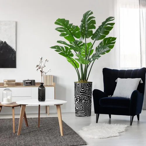 Vista 17 de Árbol artificial en macetero con patrón geométrico moderno, palmera tropical areca artificial de seda para decoración del hogar en interiores