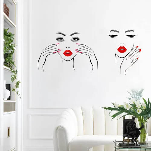 Vista 7 de Calcomanía de pared de cara sexy extraíble con ojos y labios rojos, calcomanías de pared para despegar y pegar, contorno de belleza, decoración