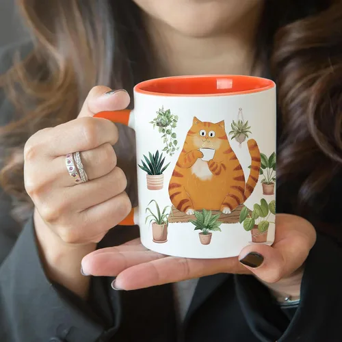 Vista 2 de Hyturtle Bonita taza de café de gato naranja, regalos de Navidad para mamá de gato, regalo de decoración de plantas para amantes de las plantas