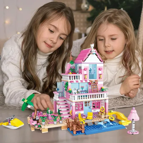 Vista 4 de Pink Girls Seaside Beach Villa Friends - Juego de construcción compatible con Lego Friends, juguete educativo para niños de 8 a 12 años en adelante