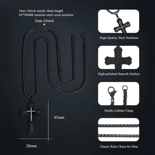 Vista 5 de Collar de cruz para hombre, colgante de cruz de acero inoxidable para hombre, collar de cadena de cruz de 22 pulgadas, 24 pulgadas, collar de cruz