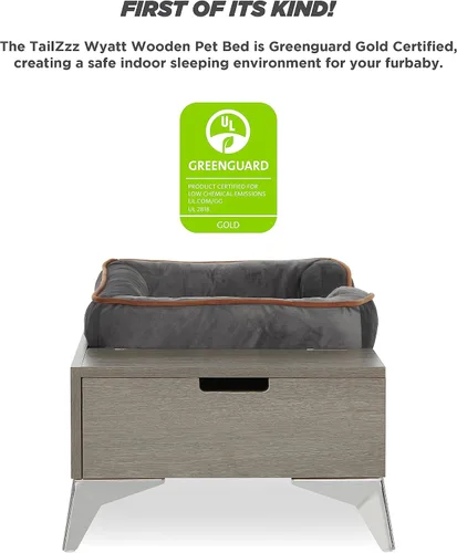 Vista 5 de Cama de madera para perros con colchón, elevada de pequeña a media, resistente al agua, cama para mascotas de madera con almacenamiento, certificado