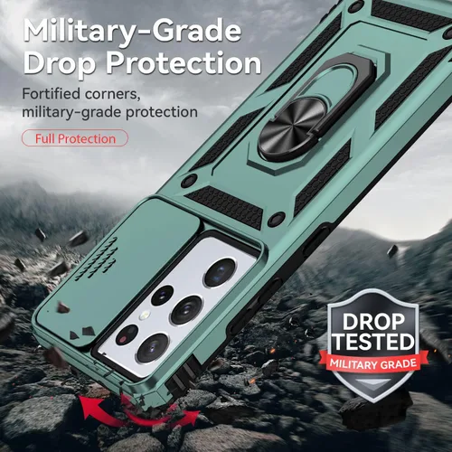 Vista 5 de Funda para teléfono S21 Ultra, con funda para cámara, [grado militar] 16 pies. Funda probada contra caídas con funda protectora magnética para Verde