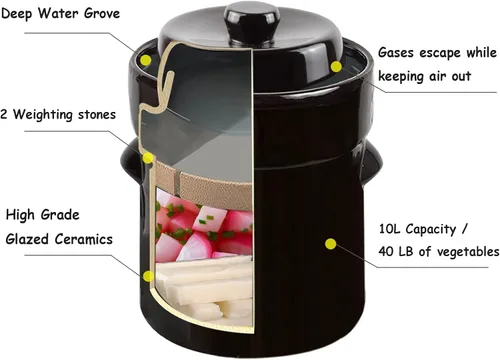 Vista 3 de Fermentation Crock Jar 10 litros/2.6 galones – Olla de gres para fermentación, decapado de kimchi, encurtidos, verduras, kombucha – fermentador