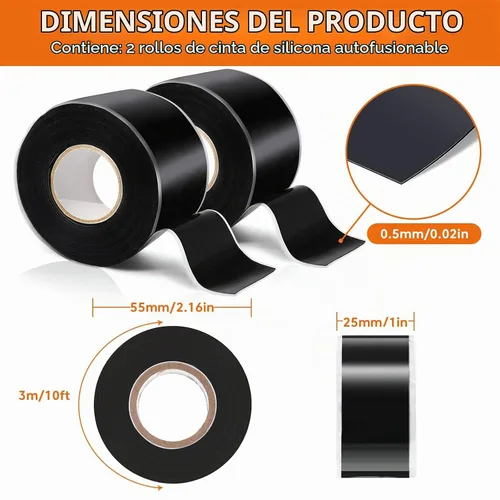 Vista 2 de Cinta de silicona autofusible para reparación de mangueras de fontanería, cinta impermeable de 10 pies Negro