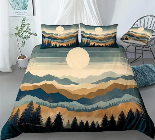Vista 2 de REALIN Hawthorn Bedding - Juego de funda de edredón 3D, juego de cama de bosque japonés y río de montaña de 2/3/4 piezas, fundas de edredón
