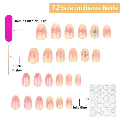 Vista 2 de Uñas postizas cortas en forma de almendra SWEKKE con punta francesa, uñas falsas con diseños de flores 3D en amarillo y rosa, uñas adhesivas
