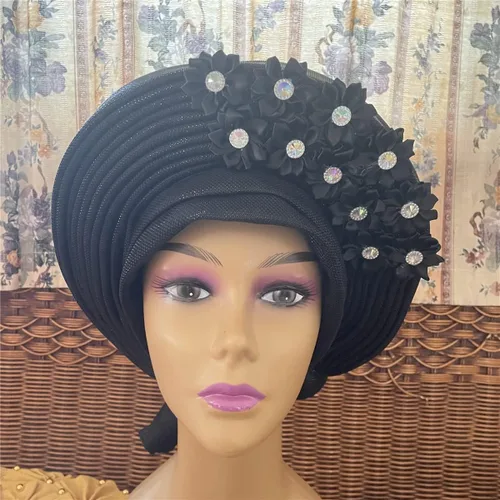 Vista 4 de Turbante africano nigeriano musulmán Headwear Gele Head Wrap Auto Gele Headties Ya Hecho Diadema de mujer para fiesta