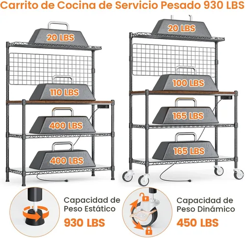 Vista 7 de Leteuke Estante para panaderos con toma de corriente y almacenamiento, soporte para microondas de 36 pulgadas, carrito de cocina de metal de 4 Negro