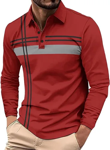 Vista 14 de Polo para hombre, manga larga, ajustado, a rayas, con cuello, talla grande, para golf y otoño