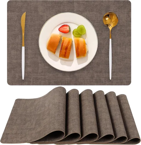 Vista 15 de Juego de 6 manteles individuales de piel sintética (beige) Heat Resistant Wipeable Washable Place Mats, Waterproof Anti-Slip Dining Table Mats