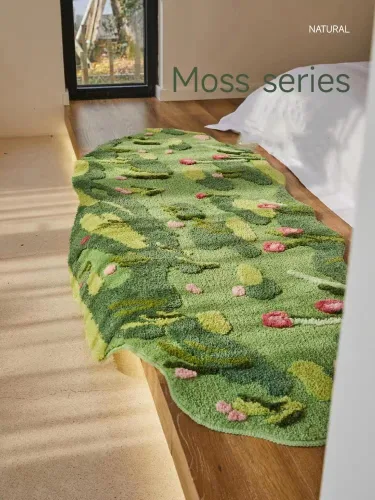 Vista 2 de Alfombra de musgo estéreo 3D para sala de estar, montañas, río, flores, hierba, musgo, alfombra para dormitorio, decoración estética antideslizante