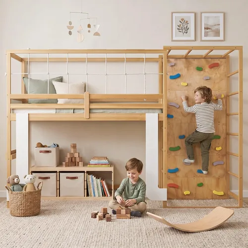 Vista 3 de KOMFOTT Twin Bunk Bed with Jungle Gym, Kids Loft Bed with Rock Wall,Natural