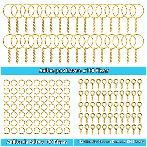 Vista 3 de PAXCOO - Kit de anillos para manualidades dorados, incluye 100 llaveros divididos con cadena, 100 anillos de salto y 100 pines de ojo de tornillo