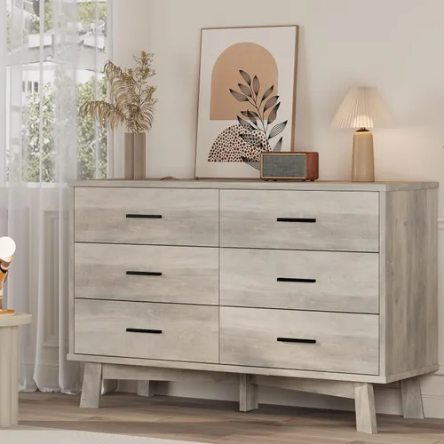 Vista 11 de Xixini Cómoda para dormitorio, cómoda moderna de 6 cajones con base resistente en forma de X, organizador de almacenamiento de ropa doble de madera