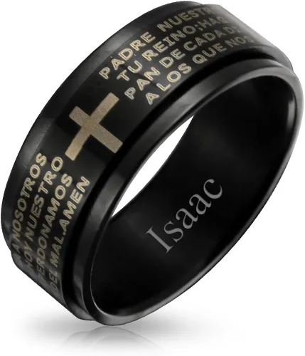 Vista 2 de Bling Jewelry Anillo de acero inoxidable para hombre, diseño de padre religioso Nuestro Lords Pray Cross negro para hombre, Metal, N A