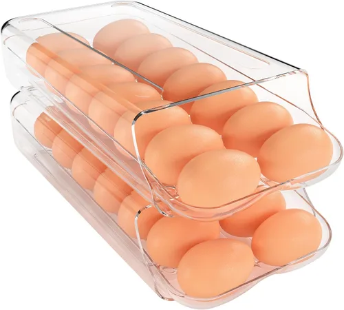 Vista 11 de theaoo Soporte para huevos para refrigerador, contenedor de huevos enrollable automático para refrigerador, dispensador de huevos de plástico