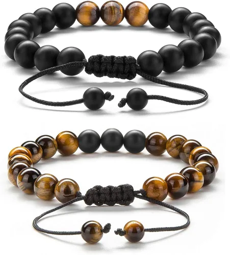 Vista 5 de Pulsera elástica Hamoery con cuentas naturales de ojo de tigre de 8 mm, para mujer y hombre Juego de 2 piezas 1-21018