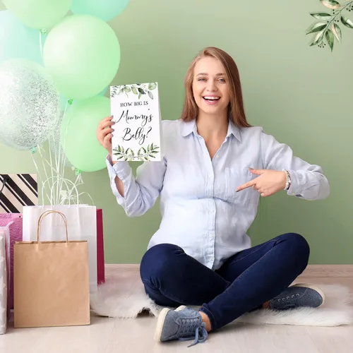 Vista 48 de Sabary 64 Piezas Juegos de Baby Shower Incluyen Letrero How Big is Mommy's Belly Sign Measure Bump Game 50 Tarjetas 10 Lápices 3 Cintas Métricas